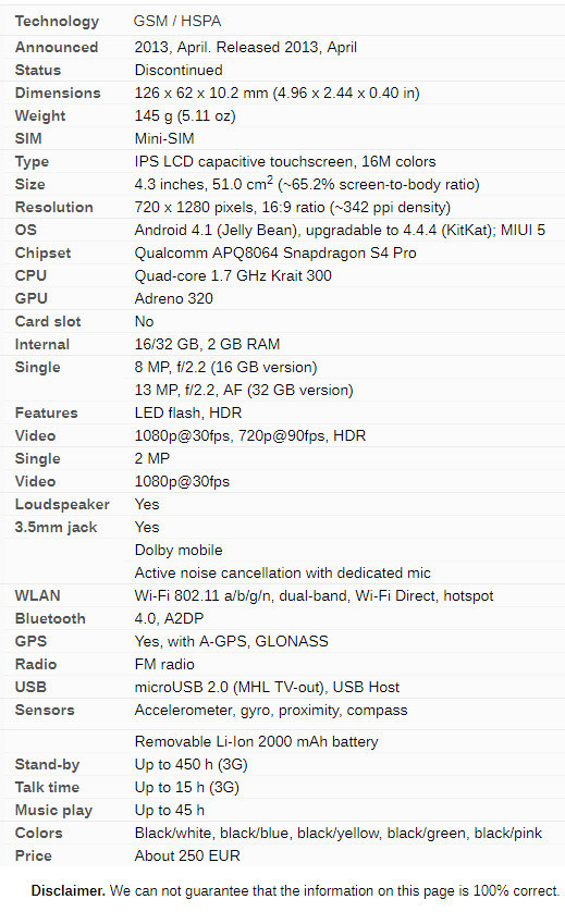 Xiaomi Mi 2S Full phone specifications